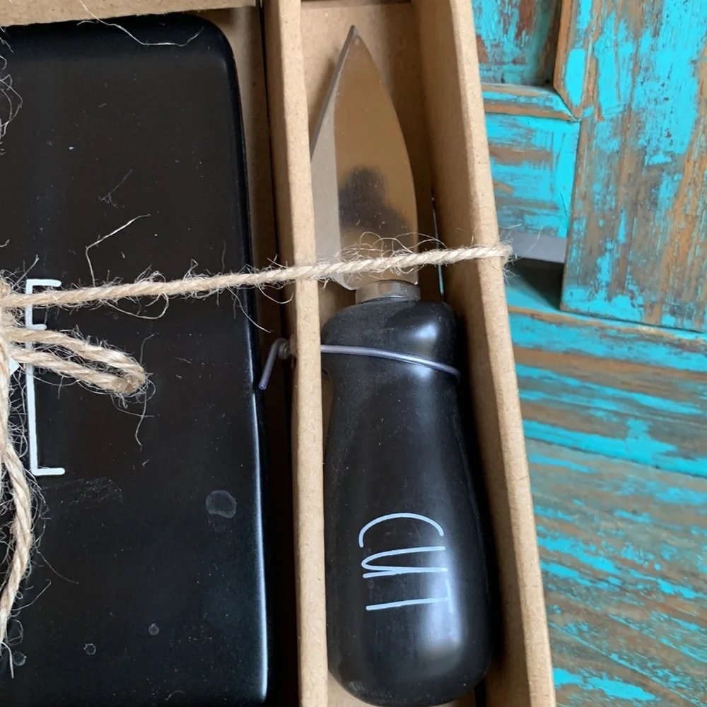 New Rae Dunn by Magenta Cut Cheese Black Ceramic Board and Knife Entertaining